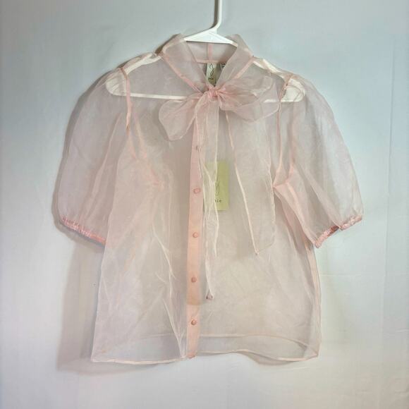 NWT Joie Pink Sheer Blouse with High Neck Bow and Puffy Sleeves Size Large R0341 - Picture 2 of 8